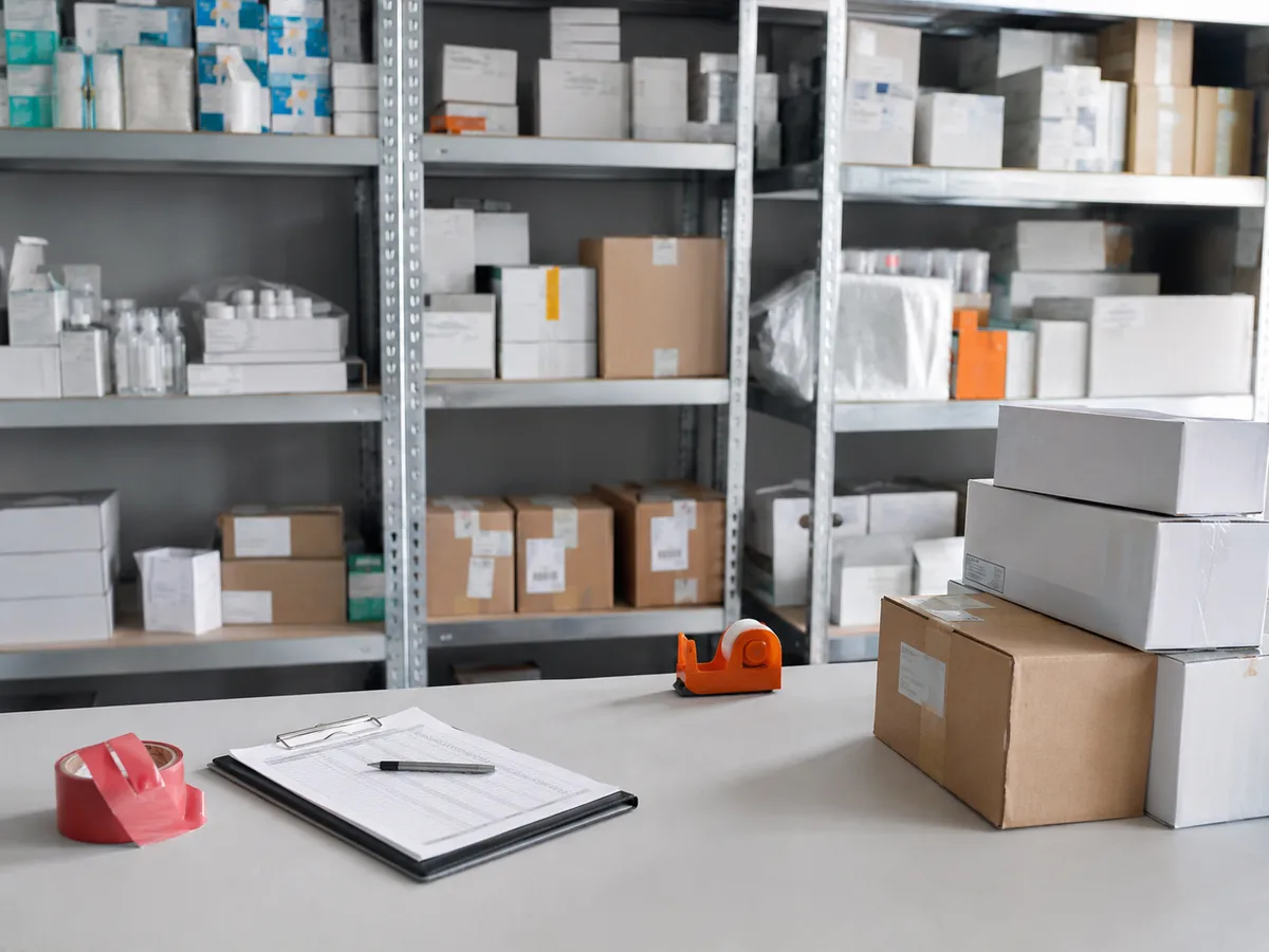 Composici&oacute;n editorial de un almac&eacute;n sanitario con material y registro de inventario